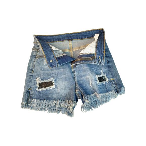 PUDR JEANS Distressed Lace Denim Bootie Shorts Blue Black Juniors Size S - Picture 4 of 13